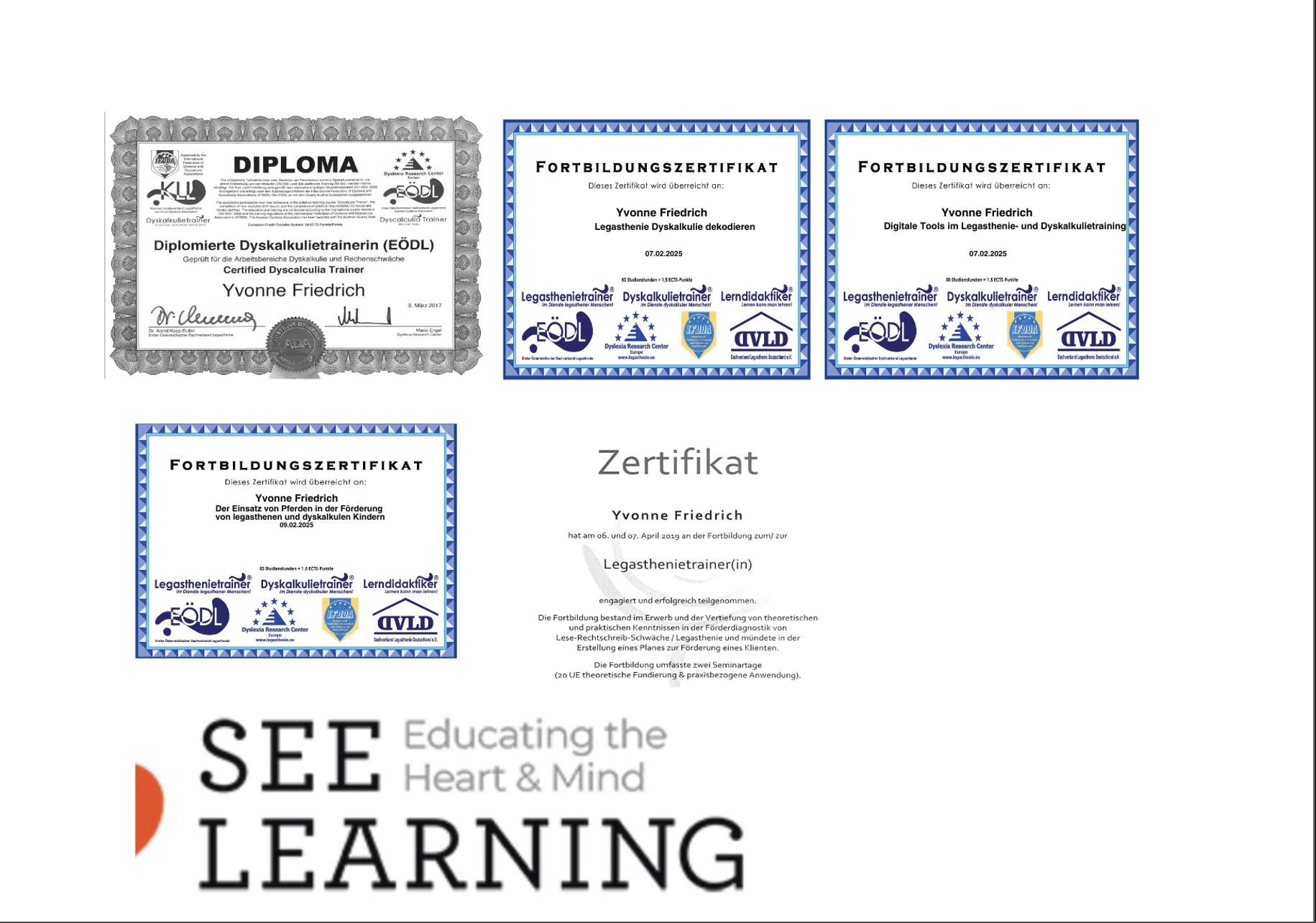 Zertifikate & Qualifikationen — Yvonne Friedrich